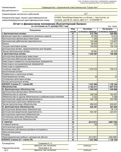 Отчет о финансовом положении ТОО "Сапро-Нат"